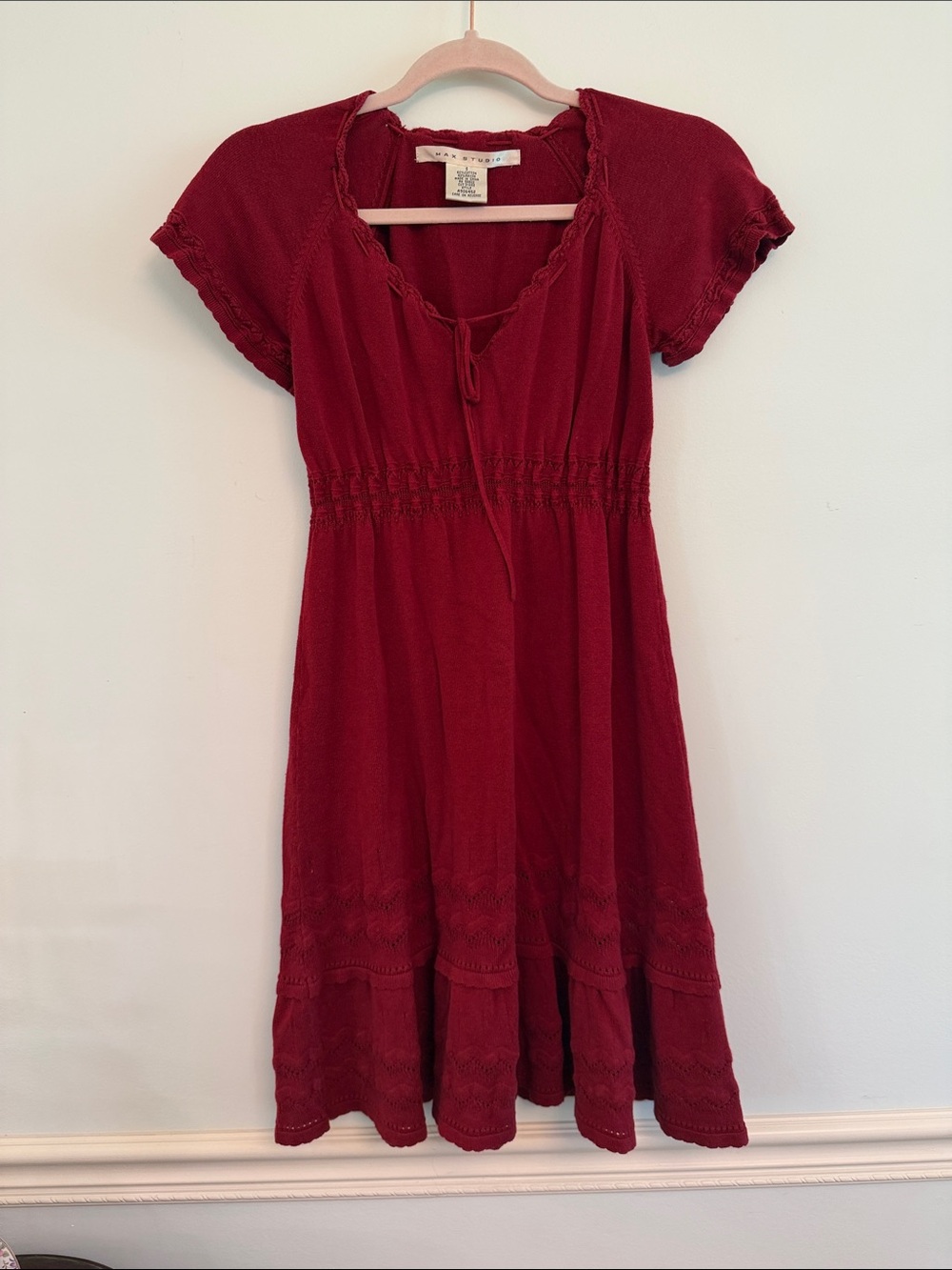Max Studio Red Short-Sleeve Midi Dress with Tie Neck